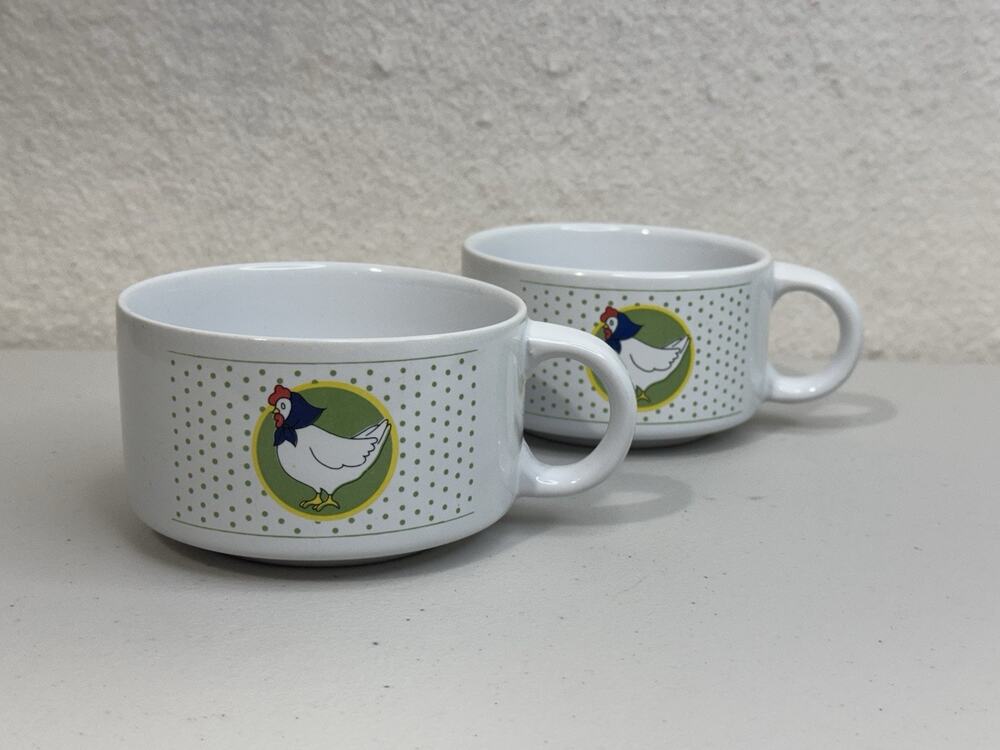 FTD White Ceramic Handled Soup Mug Bowl Green Polka Dot Harvest Country Chicken